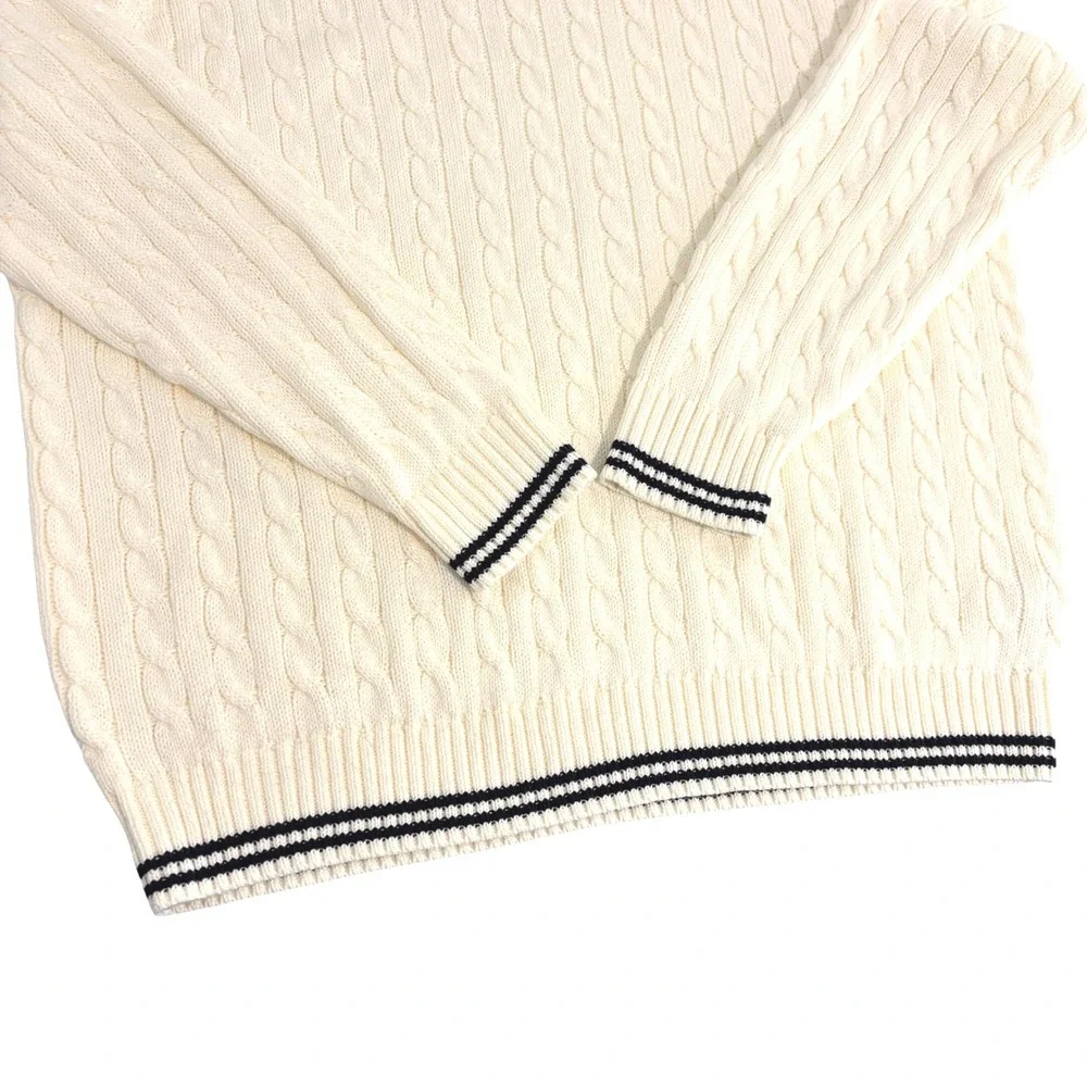 New J.Crew Big Cable Knit Sweater Mens XL Cream Navy Cotton Crewneck Long Arms